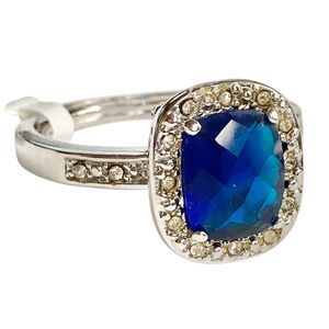Vtg Blue Cubic Zirconia Faux Sapphire Halo Cocktail Ring Size 11 Silver Plated